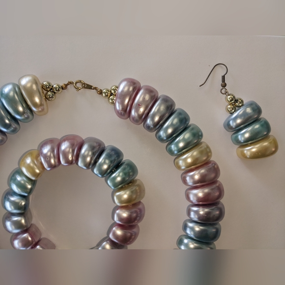 RARE! EVC 80's PLASTIC CHUNKY METALLIC PASTEL JEWELRY SET - Picture 8 of 12